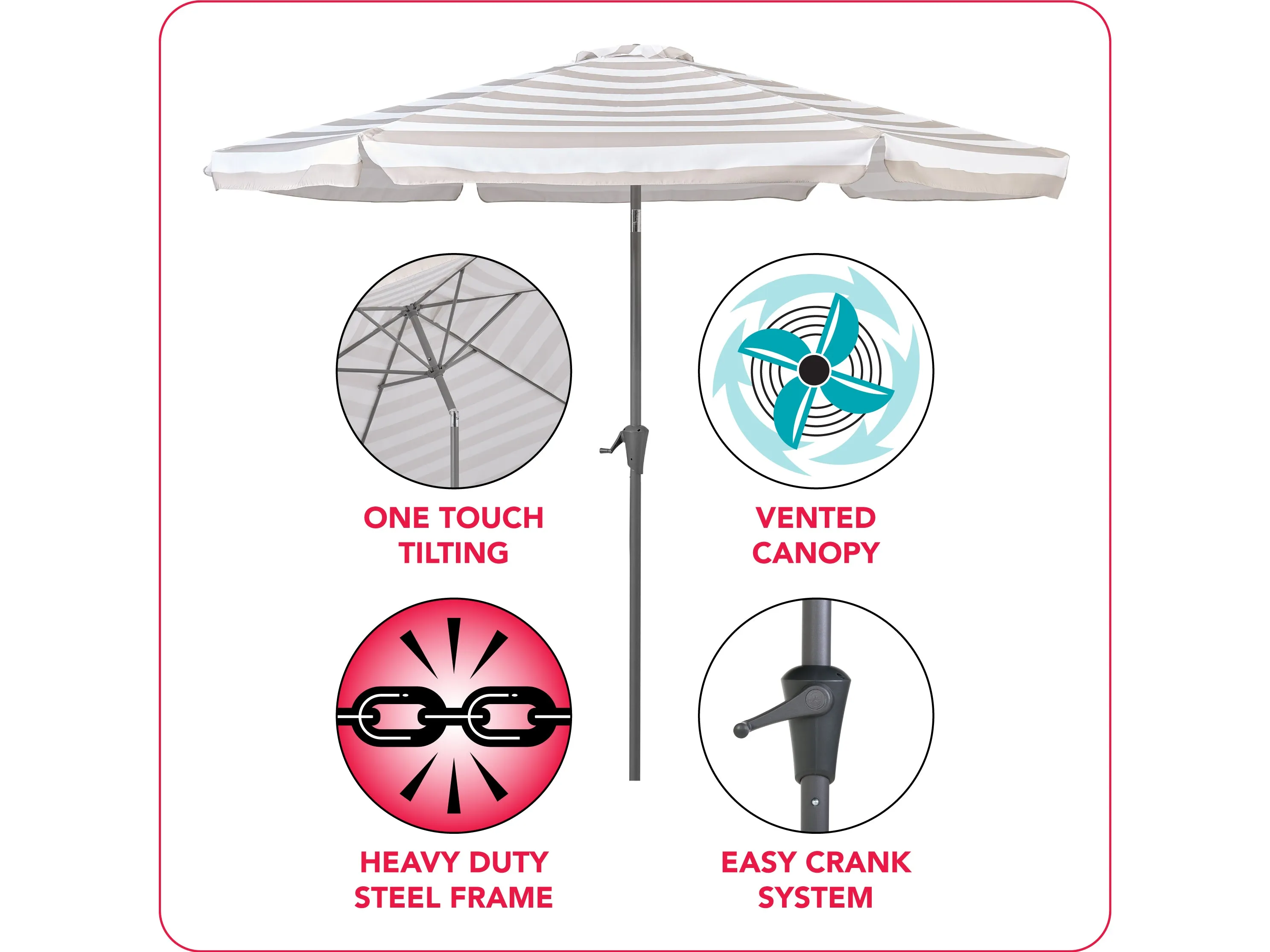 10ft Round Taupe and White Striped Patio Umbrella