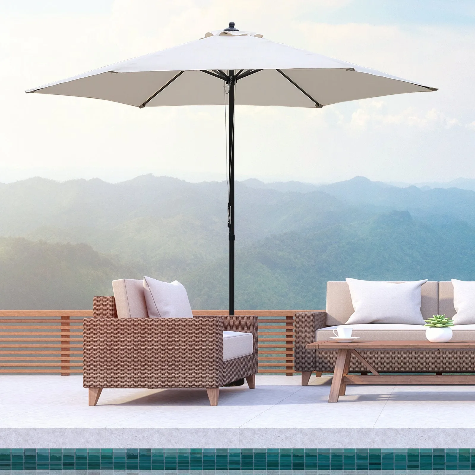 2.8m Garden Parasol Umbrella, Round Outdoor Market Table Umbrella, Parasol Patio Umbrella, 6 Ribs Manual Push, Sun Shade Canopy, Off-White