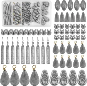 85pcs Fishing Sinker Weights Assortment Kit Bass Casting Sinker Weights Bullet Worm Weights Drop Shot Fishing Weights No Roll Sinker Saltwater Bass Fishing Bottom Fishing Tackle