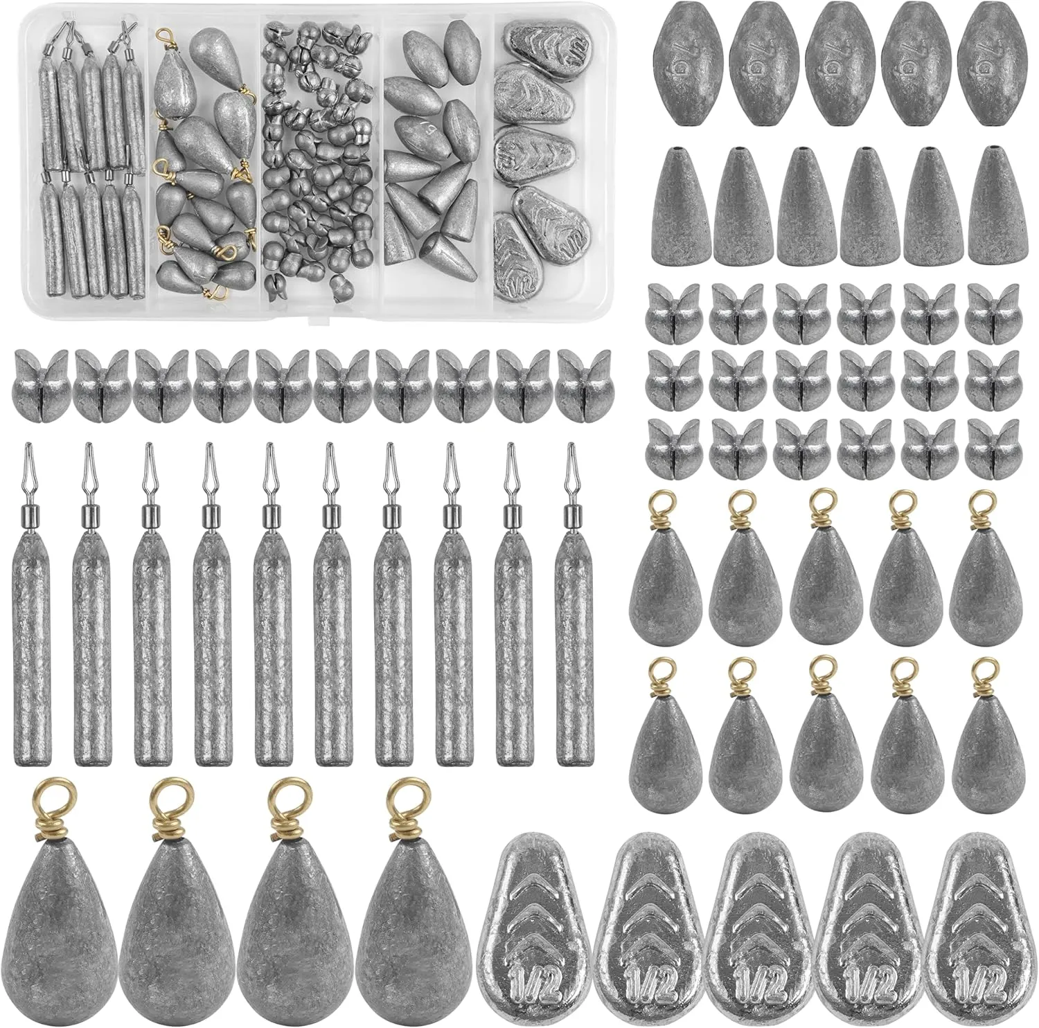 85pcs Fishing Sinker Weights Assortment Kit Bass Casting Sinker Weights Bullet Worm Weights Drop Shot Fishing Weights No Roll Sinker Saltwater Bass Fishing Bottom Fishing Tackle