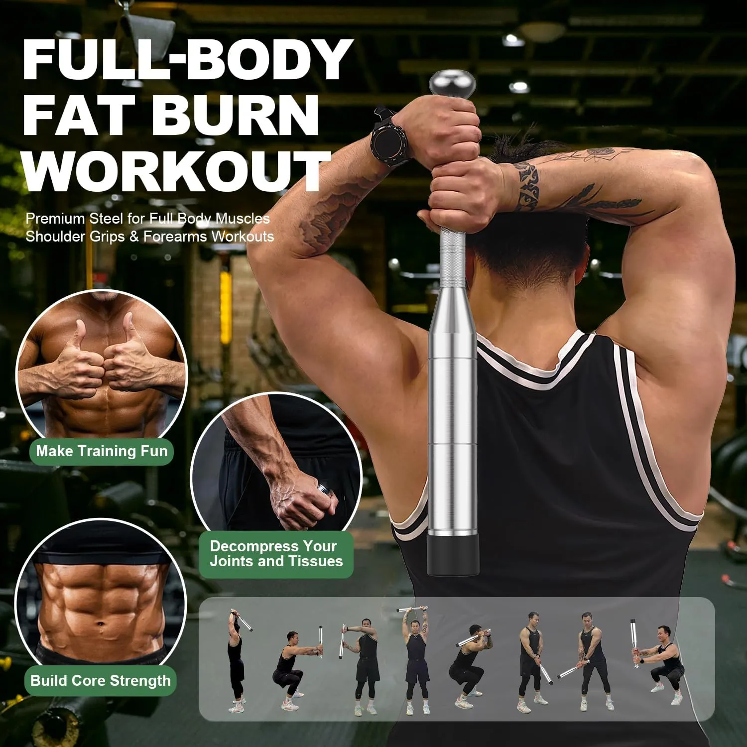 Adjustable Premium Steel Club for Strength Training, Indian Club for Full Body Workouts, Rehab, Stretching & Rotational Training, 4 Weight Options(6.3-13Lbs) Mace for Men & Women