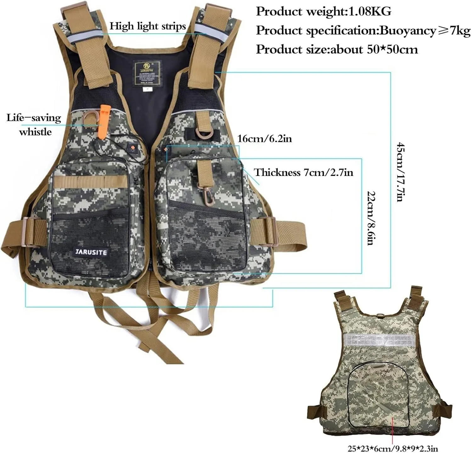 Adults Fly Fishing Vest, Buoyancy Aid with Multi Pockets and Reflective Stripe Fishing Swim Vest for Fishing Sailing Surfing Kayaking Water Sports