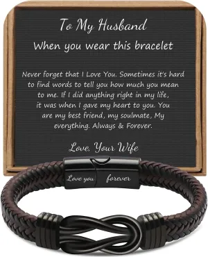      Brown Braided Leather Stainless Steel Infinity Bracelets Lettering Love You Forever Gifts for Son Grandson Husband Boyfriend Brother Always Linked Together