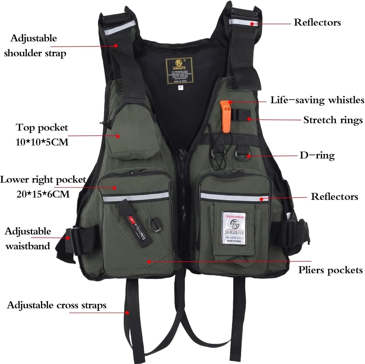 Fishing Safety Life Vest Adjustable and Comfortable Life Jacket with Multiple Pockets and Reflective Strips for Kayaking Fishing and Surfing(Black)