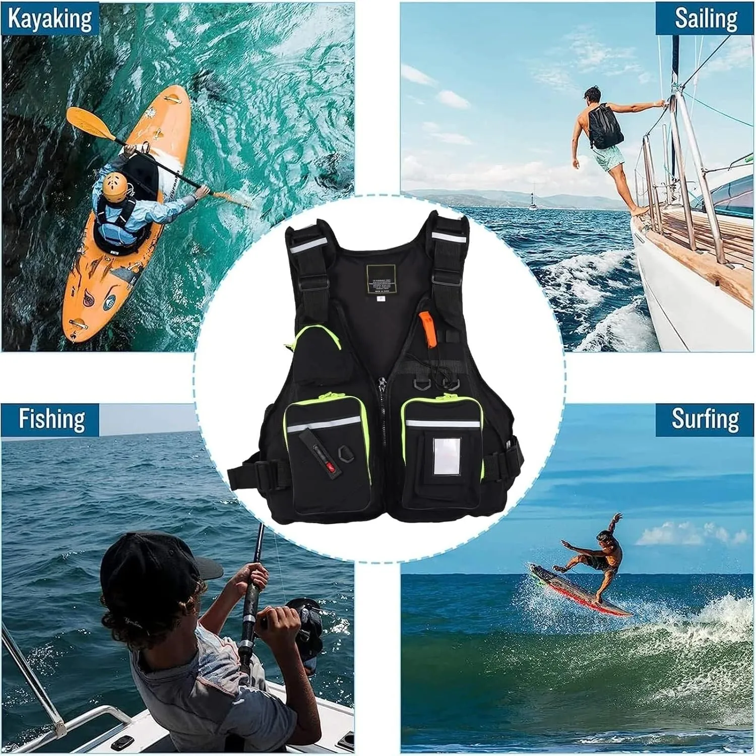 Fishing Safety Life Vest Adjustable and Comfortable Life Jacket with Multiple Pockets and Reflective Strips for Kayaking Fishing and Surfing(Black)
