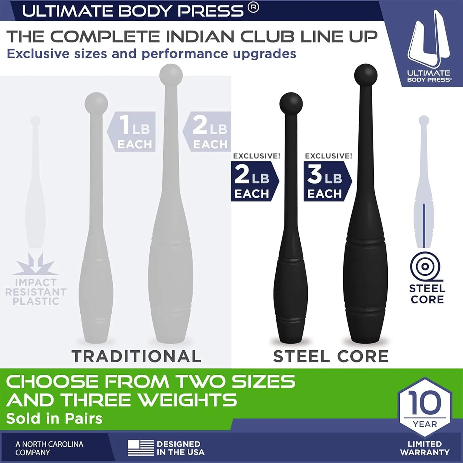 Indian Clubs - 1lb, 2lb and 3lbs Pairs by Ultimate Body Press