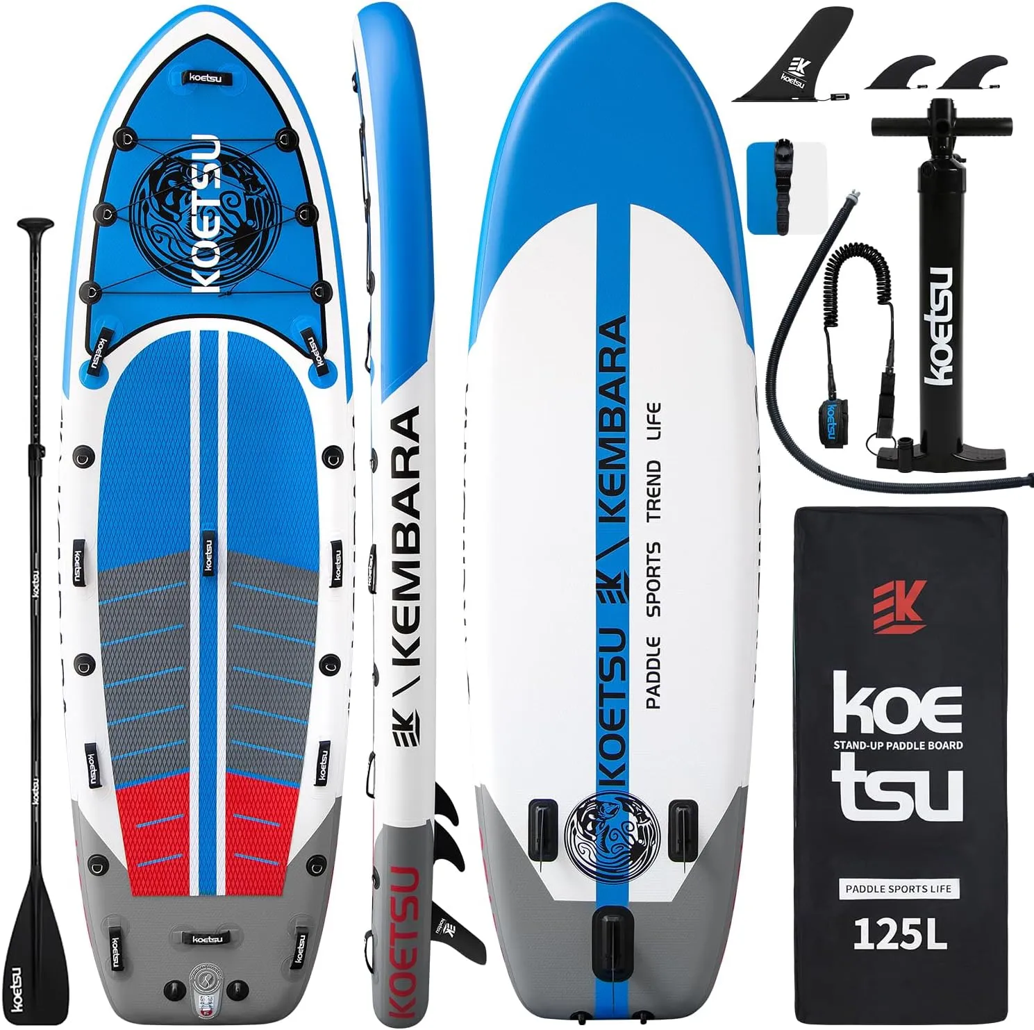 KOETSU Inflatable Stand Up Paddle Boards 12 ft 8 in with Premium SUP Paddle Board Accessories, Wide Stable Design, Non-Slip Comfort Deck for Family Fun, Blue White
