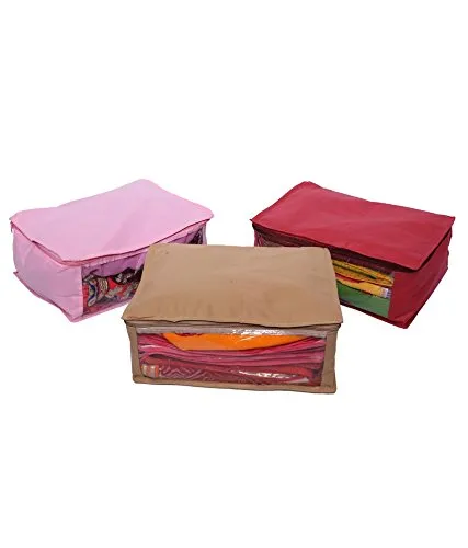 Kuber Industries Non Woven Saree Cover Set|Transparent Window & Zipper Closure|Regular Cloth Bag|Wardrobe Organiser Set|Pack of 6 (Multicolour)