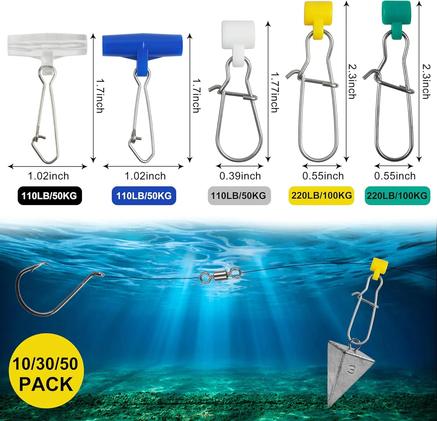 OROOTL Fishing Line Sinker Slides, 10-50pcs Heavy Duty Sinker Weights Connector with Duo Lock Snap Fishing Line Slider Catfishing Tackle Accessories