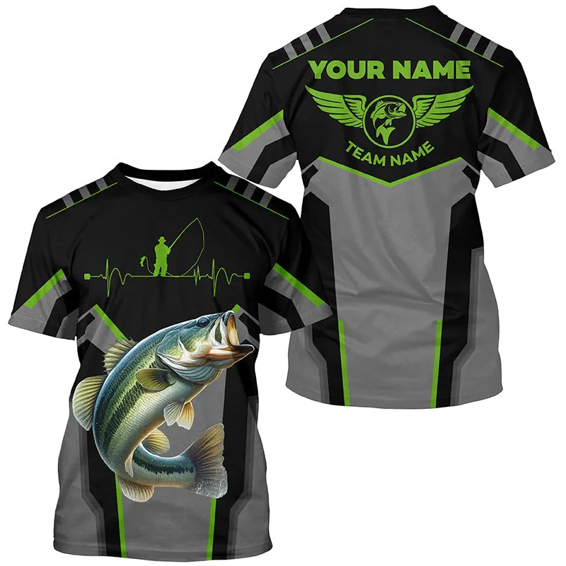 Personalized Black Bass Fishing Jerseys, Team Bass Fishing 3D Long Sleeve Tournament Shirts Green