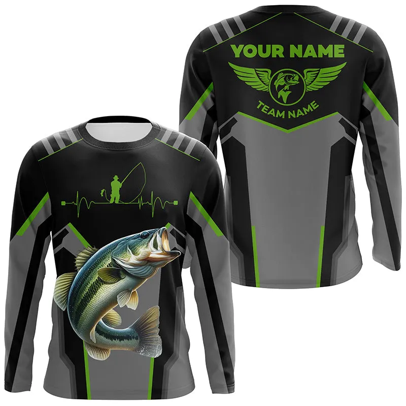 Personalized Black Bass Fishing Jerseys, Team Bass Fishing 3D Long Sleeve Tournament Shirts Green