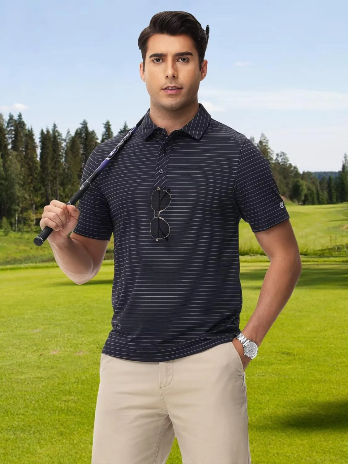 QPNGRP Golf Shirts for Men Short Sleeve Striped Casual Performance Collared Mens Polo Shirts