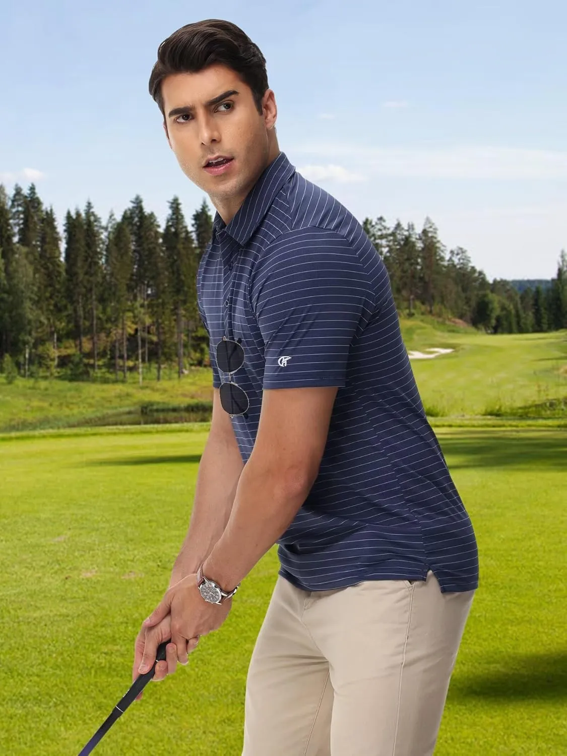 QPNGRP Golf Shirts for Men Short Sleeve Striped Casual Performance Collared Mens Polo Shirts