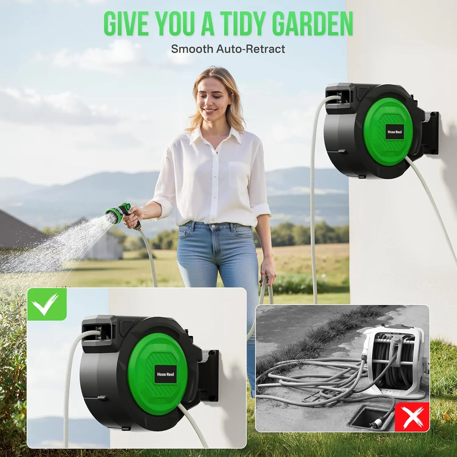 Retractable Garden Hose Reel, 1/2 in x 100 ft Heavy Duty Wall-Mounted Hose Reel with 180 Swivel Bracket, 10-Pattern Nozzle, Automatic Slow Return System, Any Length Lock for outside Watering,Cleaning