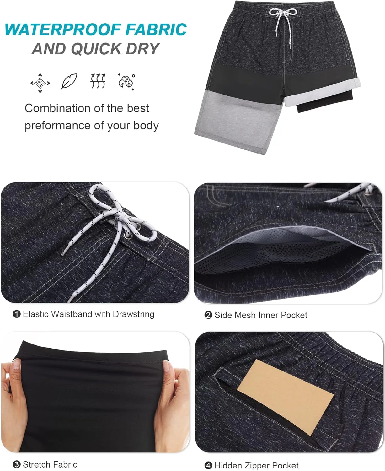 SILKWORLD Mens Swim Trunks with Compression Liner 9" Beach Board Shorts Men 2 in 1 Quick Dry Bathing Suit with Pockets