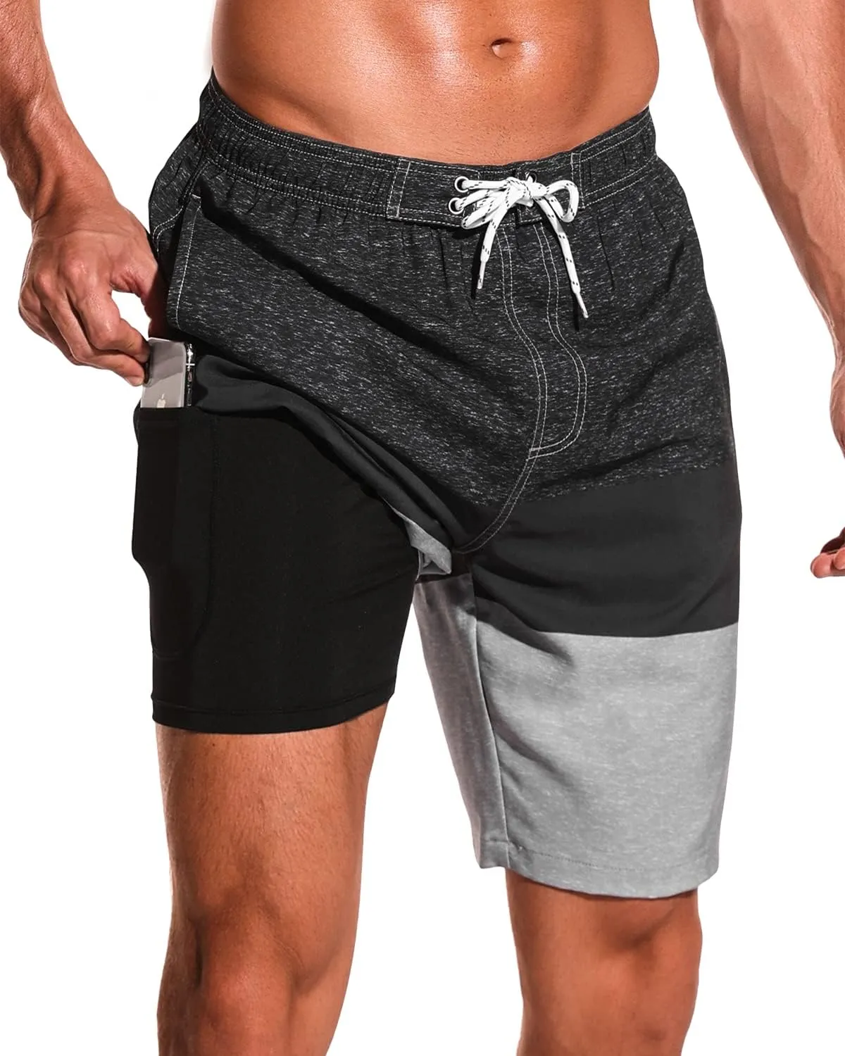 SILKWORLD Mens Swim Trunks with Compression Liner 9" Beach Board Shorts Men 2 in 1 Quick Dry Bathing Suit with Pockets