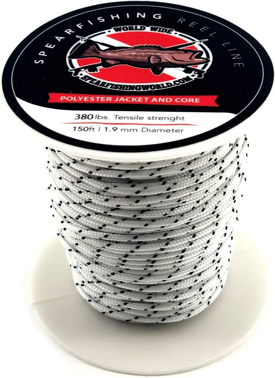 Speargun Reel or Shooting Line 1.9 mm White with Tracer - 100% Polyester - 380 Lbs Strength - 150 ft Spool