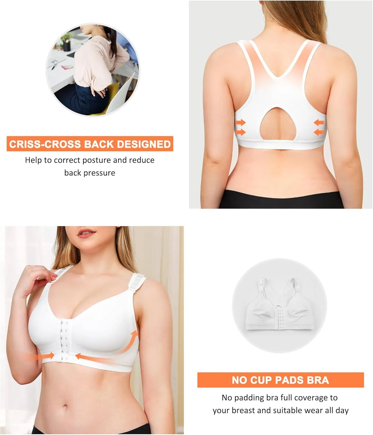 Wonderience Post-Surgical Bra Wide Adjustable Straps with Front Closure Wirefree