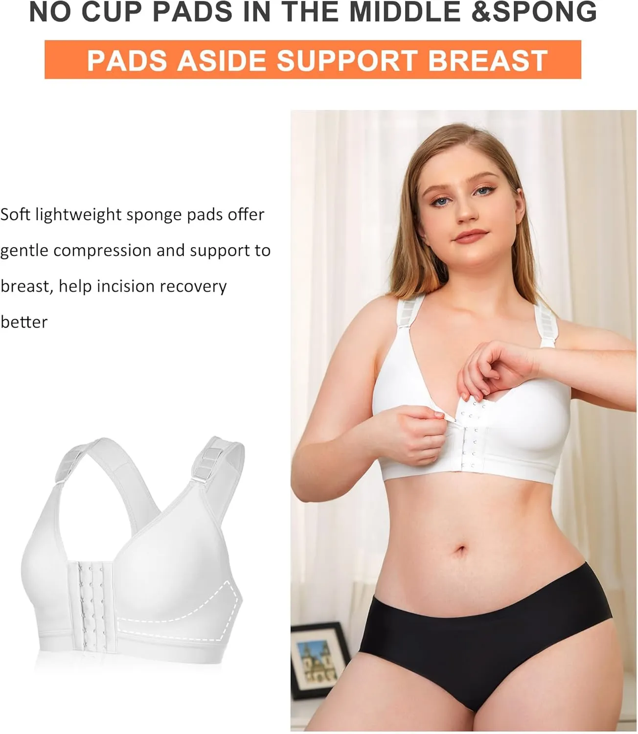 Wonderience Post-Surgical Bra Wide Adjustable Straps with Front Closure Wirefree