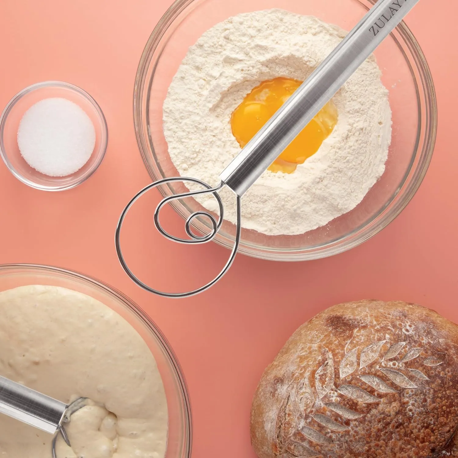 Zulay Kitchen 13-Inch Danish Dough Whisk - Stainless Steel Danish Whisk for Cooking with Single Eye Dough Hook - Traditional Dutch Whisk - Bread Whisk for Sourdough, Pizza, Pastry, Batter - 2 Pack