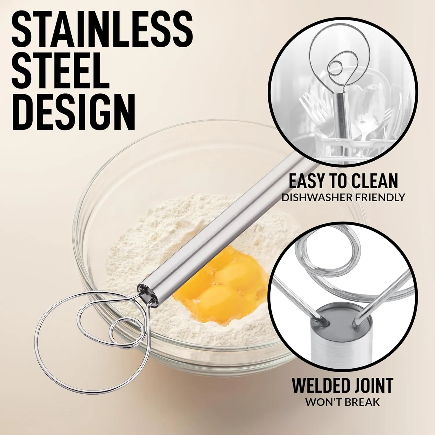 Zulay Kitchen 13-Inch Danish Dough Whisk - Stainless Steel Danish Whisk for Cooking with Single Eye Dough Hook - Traditional Dutch Whisk - Bread Whisk for Sourdough, Pizza, Pastry, Batter - 2 Pack